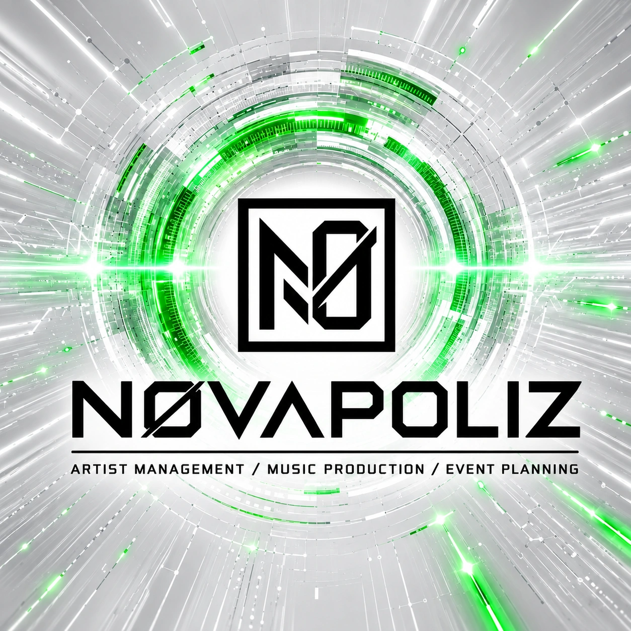 NØVAPOLIZ 正式ロゴ。白・シルバーとネオングリーンのビジュアル。
